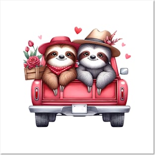 Valentine Sloth Couple Sitting On Truck Posters and Art